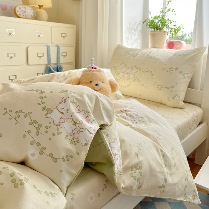 91家纺网 家纺一手货源 找家纺 寻米 2025新款全棉印花学生季学生三件套 花园小兔