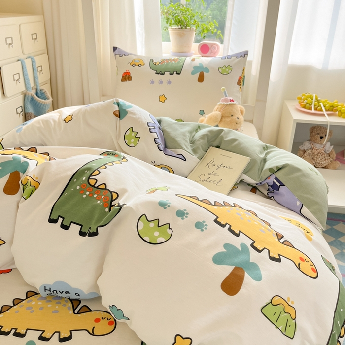 91家纺网 家纺一手货源 找家纺 寻米 2025新款全棉印花学生季学生三件套 恐龙乐园