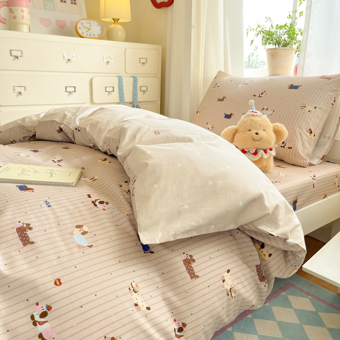 91家纺网 家纺一手货源 找家纺 寻米 2025新款全棉印花学生季学生三件套 小狗没烦恼-卡其色