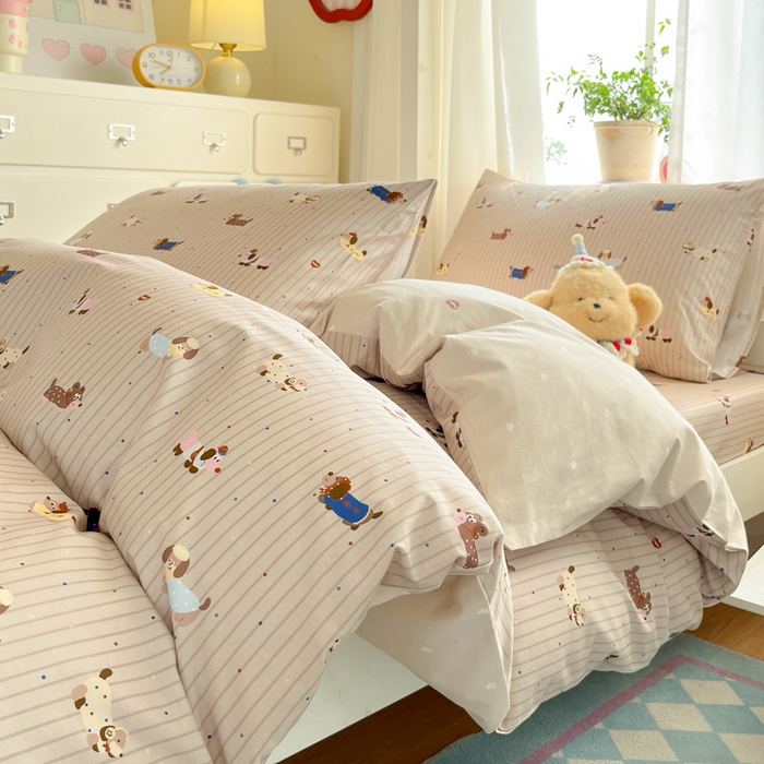 寻米 2025新款全棉印花学生季学生三件套 小狗没烦恼-卡其色