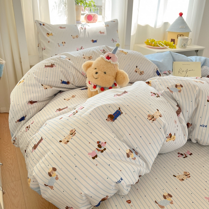 91家纺网 家纺一手货源 找家纺 寻米 2025新款全棉印花学生季学生三件套 小狗没烦恼-蓝