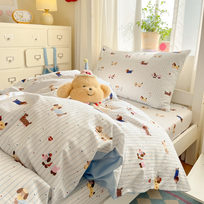 91家纺网 家纺一手货源 找家纺 寻米 2025新款全棉印花学生季学生三件套 小狗没烦恼-蓝