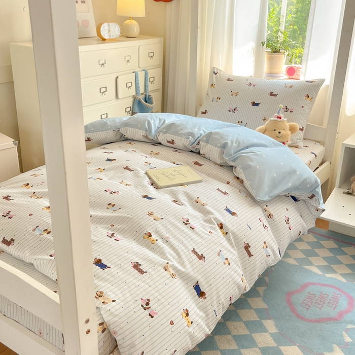 91家纺网 家纺一手货源 找家纺 寻米 2025新款全棉印花学生季学生三件套 小狗没烦恼-蓝