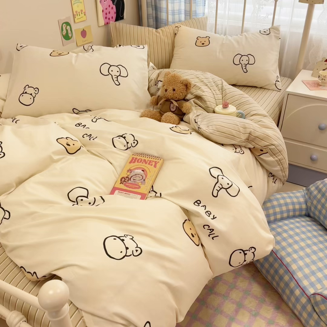 91家纺网 家纺一手货源 找家纺 呗旺鹿 2025新款40s全棉纯棉卡通印花学生系列四件套 简笔画