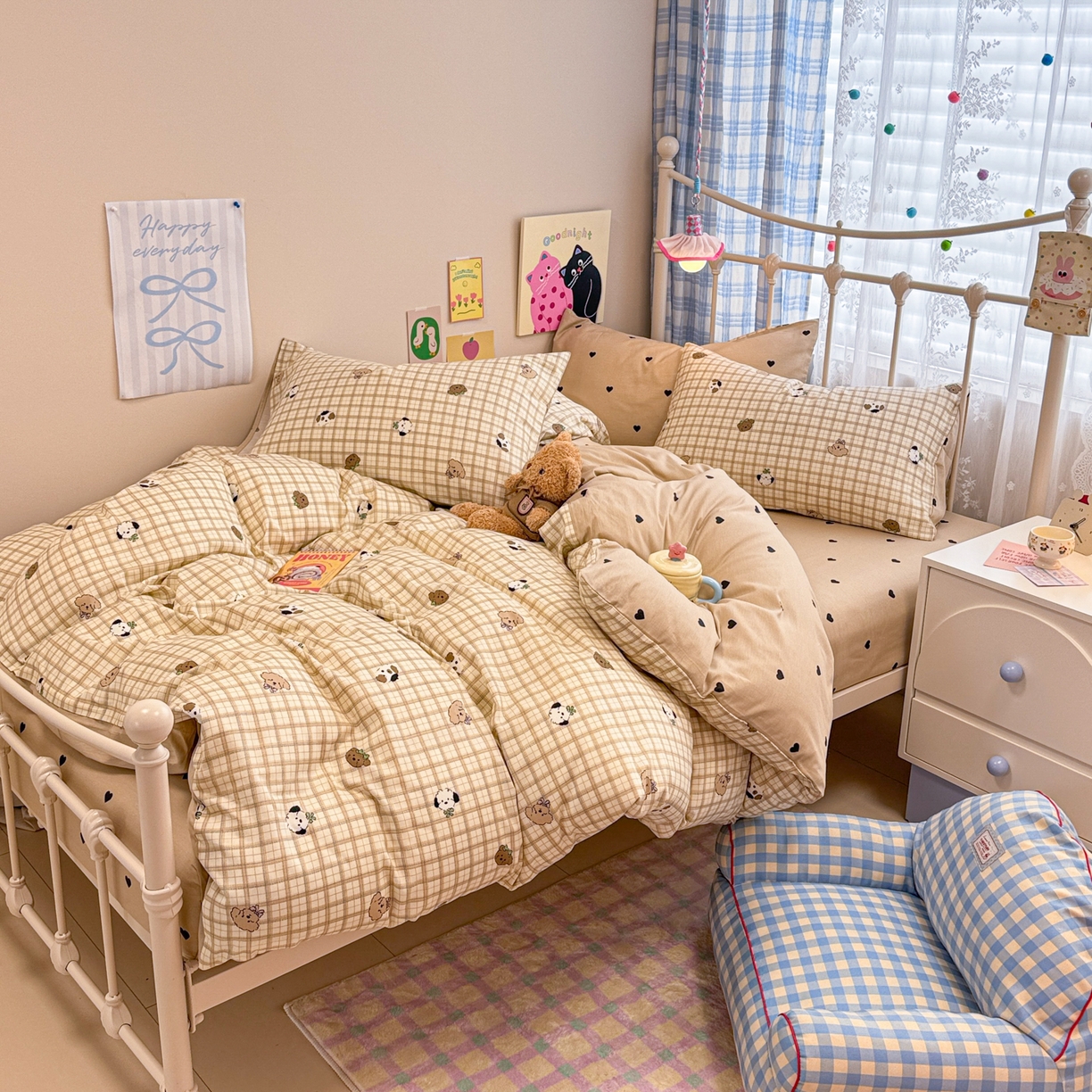 91家纺网 家纺一手货源 找家纺 呗旺鹿 2025新款40s全棉纯棉卡通印花学生系列四件套 焦糖小狗