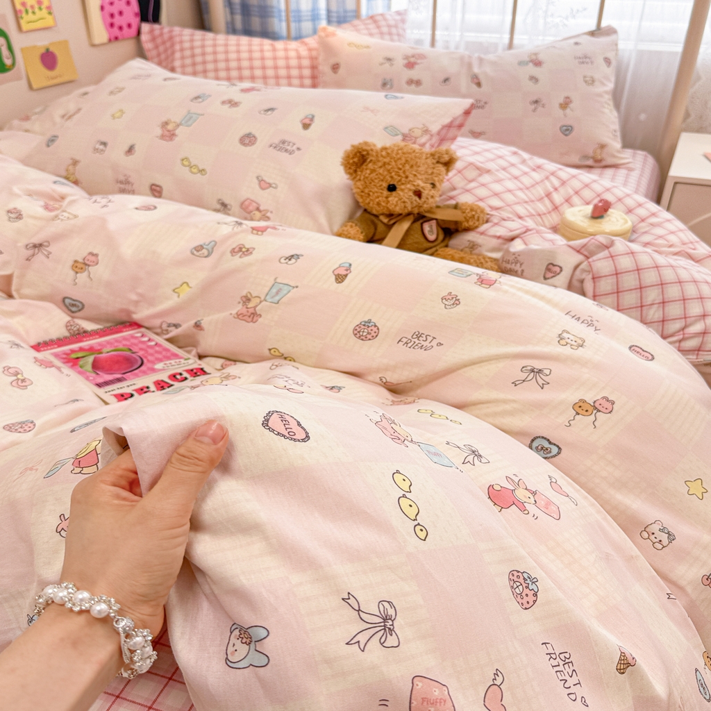 91家纺网 家纺一手货源 找家纺 呗旺鹿 2025新款40s全棉纯棉卡通印花学生系列四件套 兔子假期