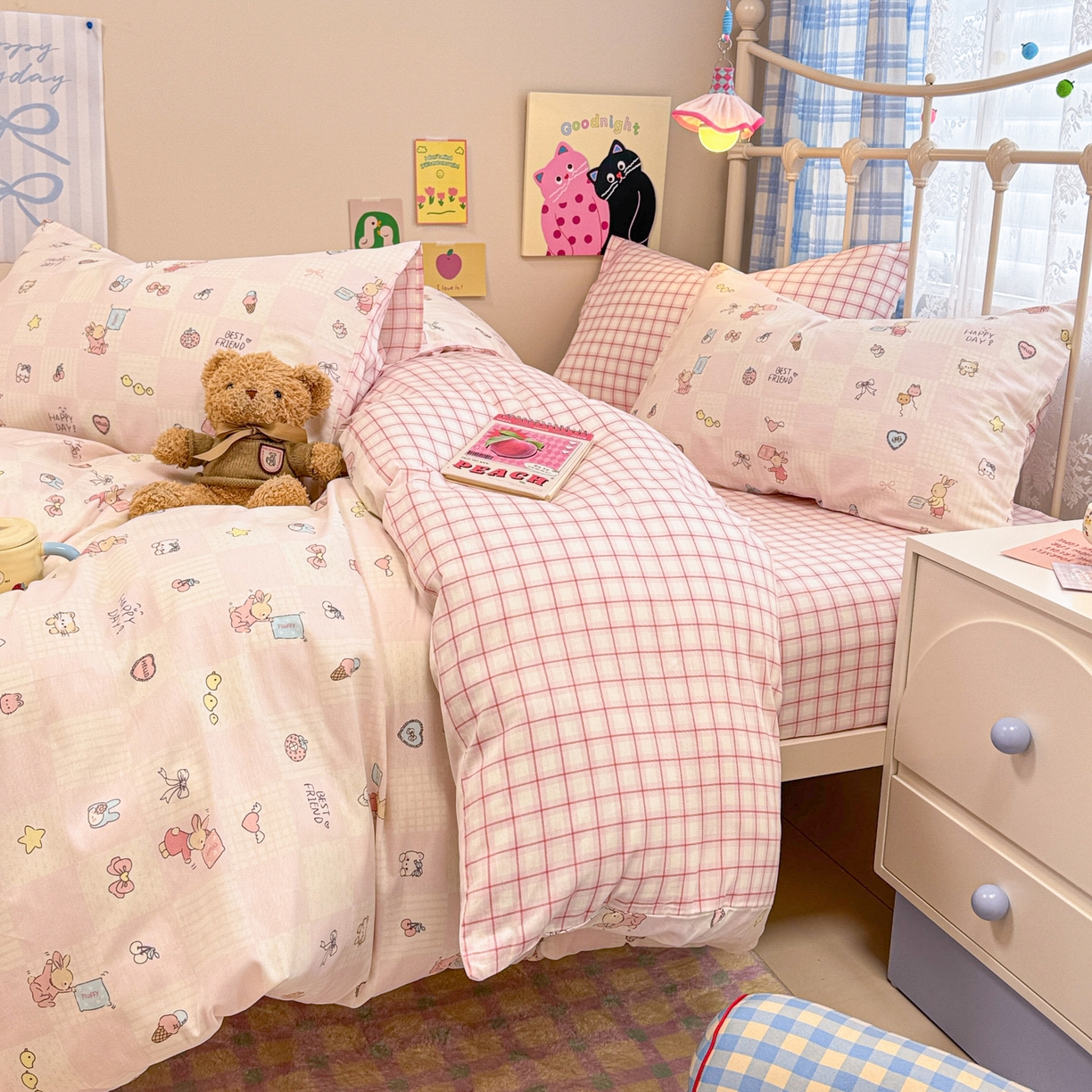 91家纺网 家纺一手货源 找家纺 呗旺鹿 2025新款40s全棉纯棉卡通印花学生系列四件套 兔子假期