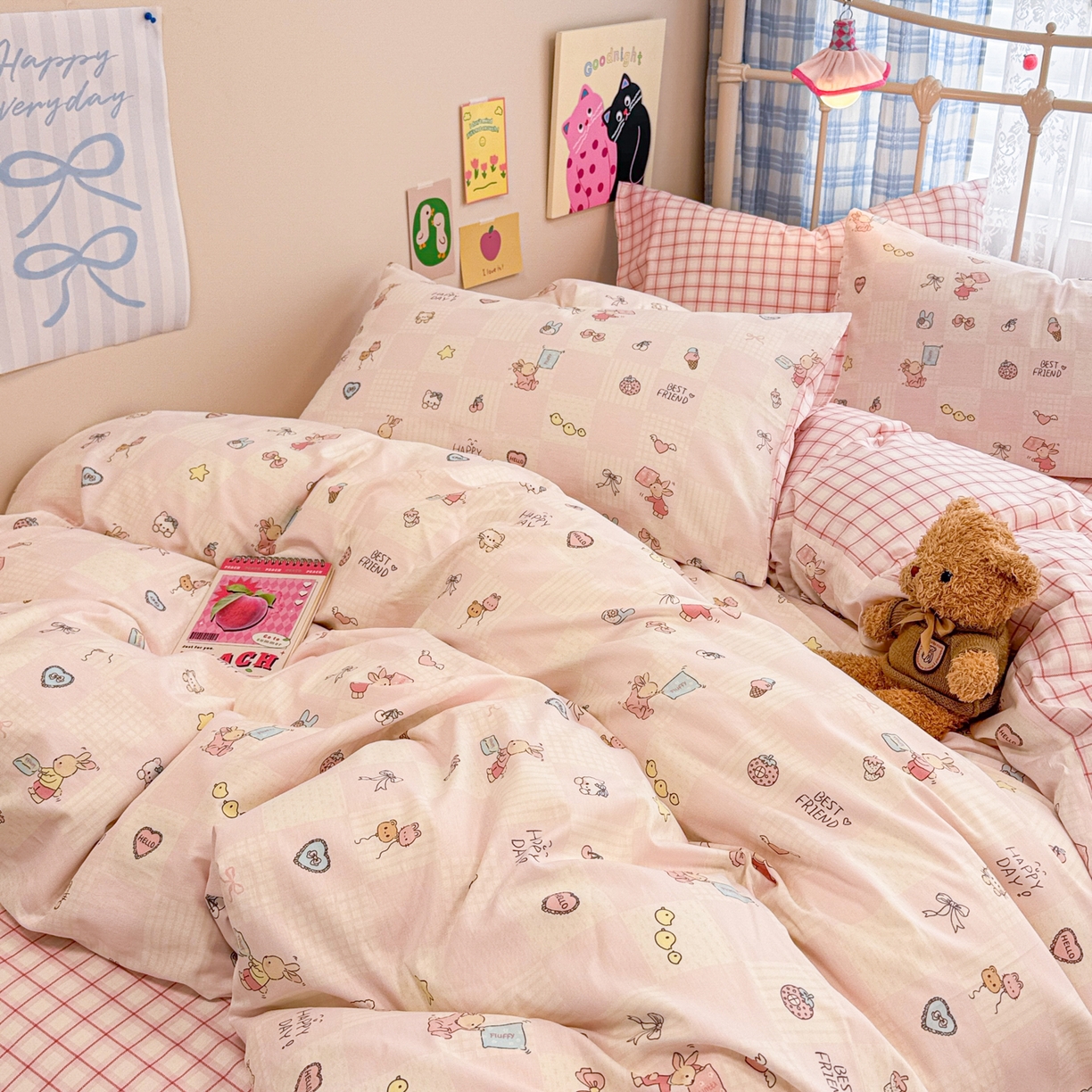 91家纺网 家纺一手货源 找家纺 呗旺鹿 2025新款40s全棉纯棉卡通印花学生系列四件套 兔子假期