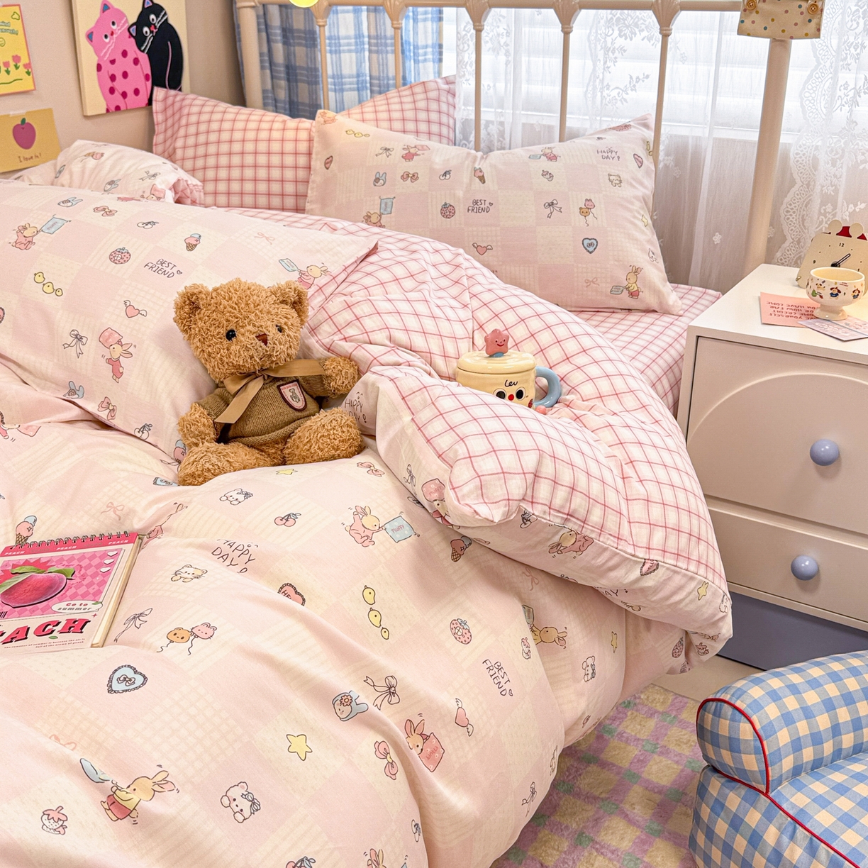 91家纺网 家纺一手货源 找家纺 呗旺鹿 2025新款40s全棉纯棉卡通印花学生系列四件套 兔子假期