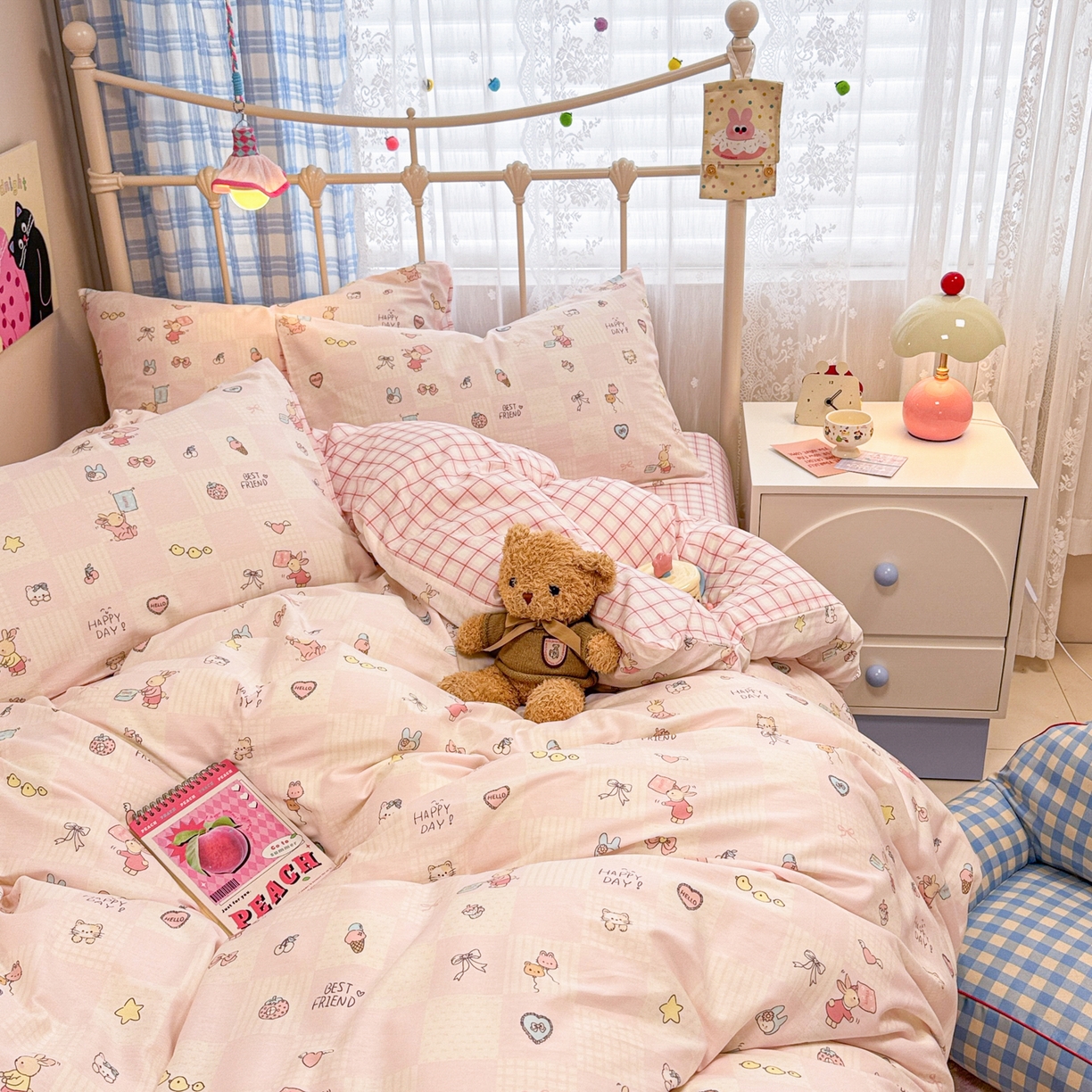 91家纺网 家纺一手货源 找家纺 呗旺鹿 2025新款40s全棉纯棉卡通印花学生系列四件套 兔子假期