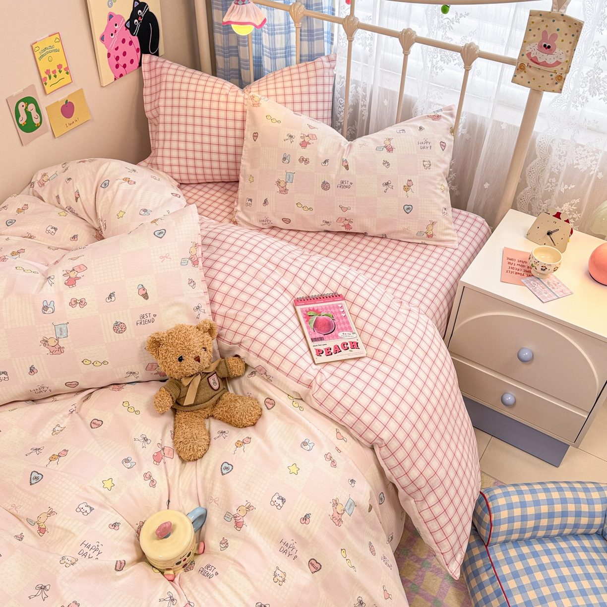 91家纺网 家纺一手货源 找家纺 呗旺鹿 2025新款40s全棉纯棉卡通印花学生系列四件套 兔子假期