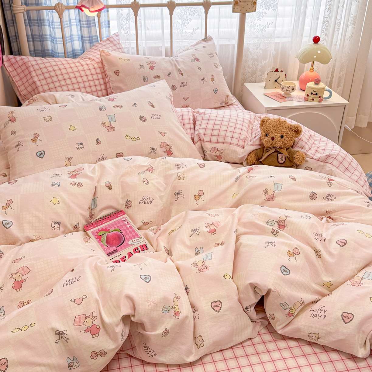 91家纺网 家纺一手货源 找家纺 呗旺鹿 2025新款40s全棉纯棉卡通印花学生系列四件套 兔子假期