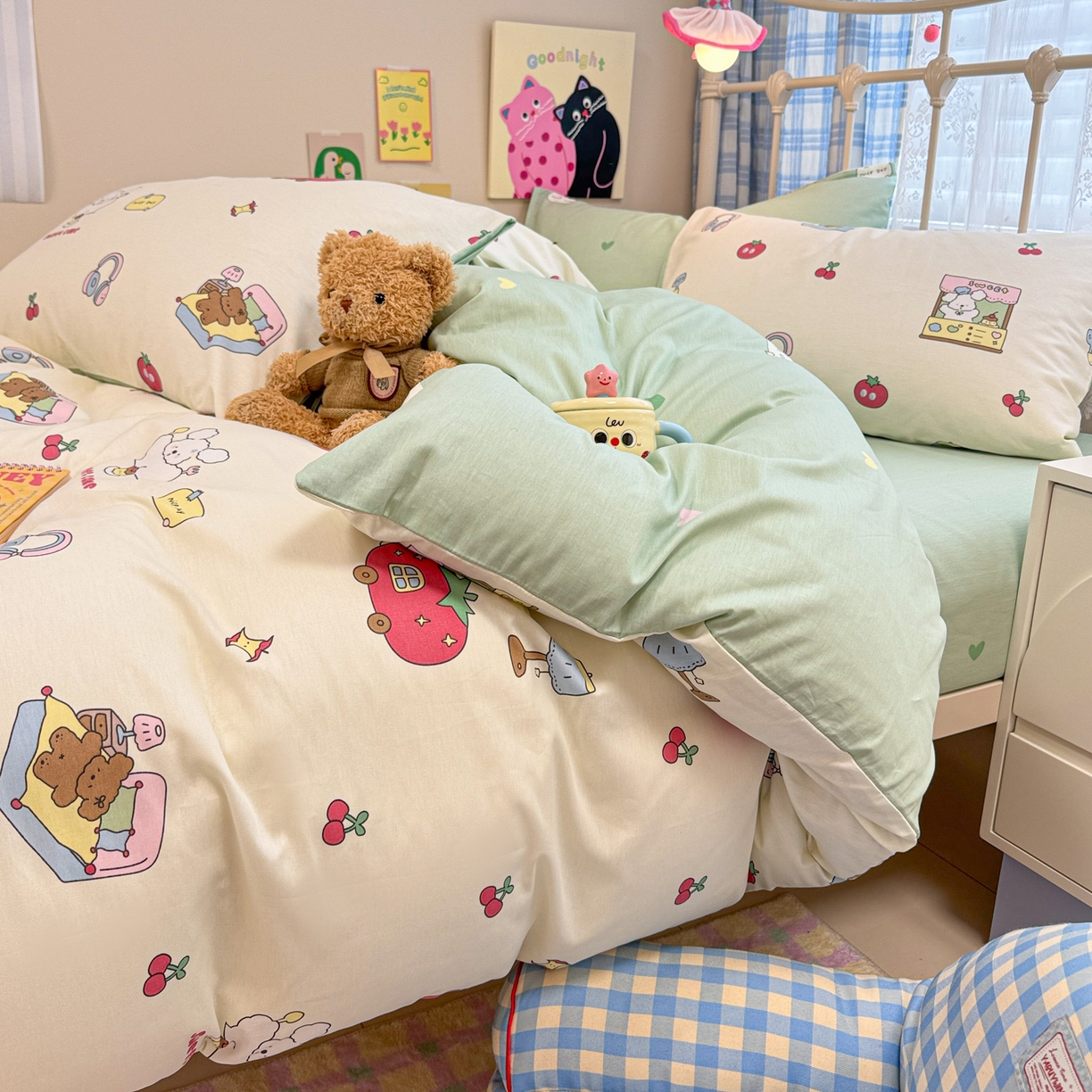 91家纺网 家纺一手货源 找家纺 呗旺鹿 2025新款40s全棉纯棉卡通印花学生系列四件套 熊熊酱