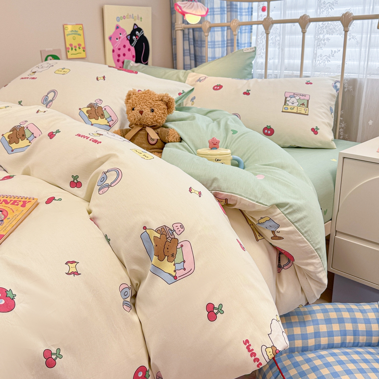 91家纺网 家纺一手货源 找家纺 呗旺鹿 2025新款40s全棉纯棉卡通印花学生系列四件套 熊熊酱