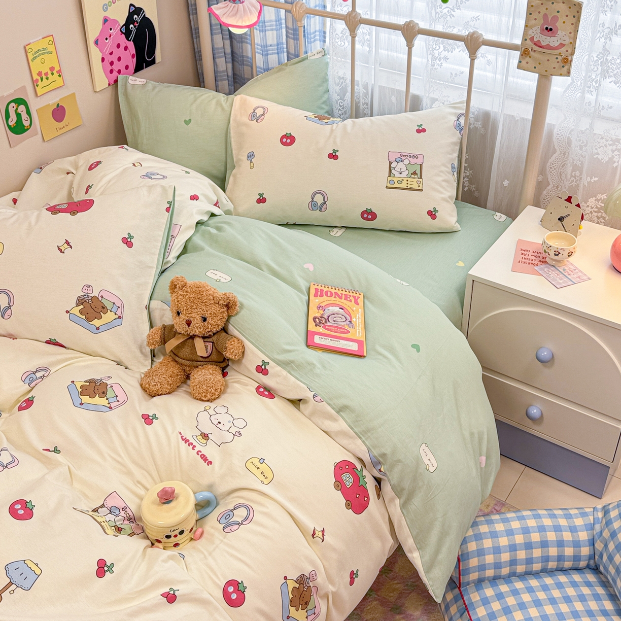 91家纺网 家纺一手货源 找家纺 呗旺鹿 2025新款40s全棉纯棉卡通印花学生系列四件套 熊熊酱