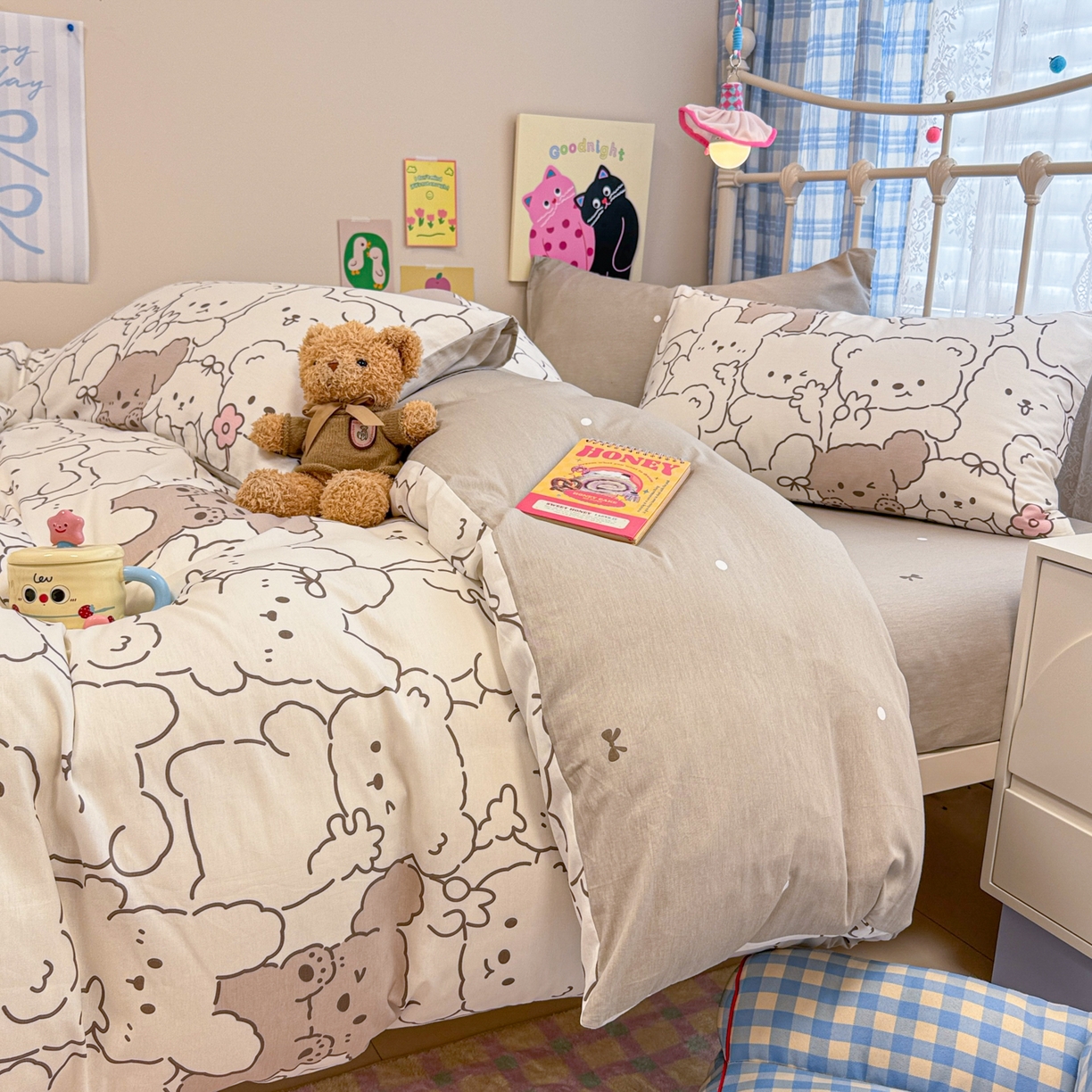 91家纺网 家纺一手货源 找家纺 呗旺鹿 2025新款40s全棉纯棉卡通印花学生系列四件套 耶耶熊