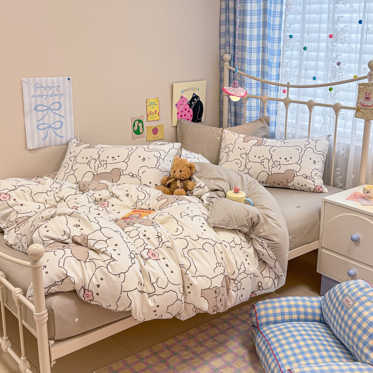 91家纺网 家纺一手货源 找家纺 呗旺鹿 2025新款40s全棉纯棉卡通印花学生系列四件套 耶耶熊