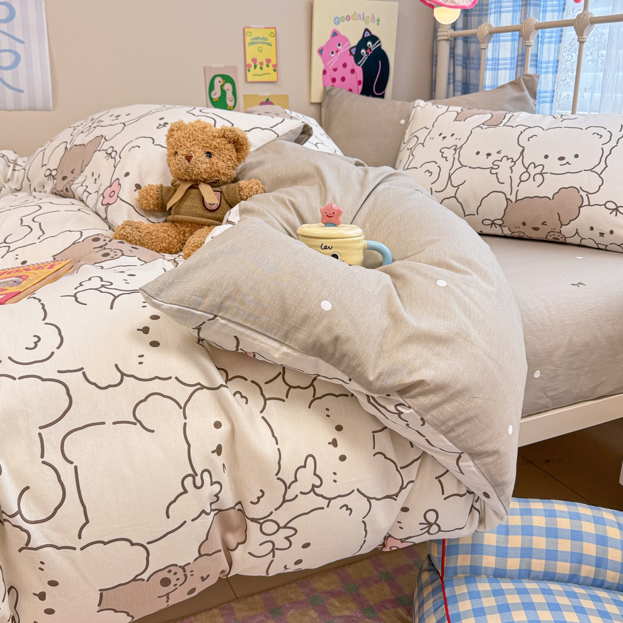 91家纺网 家纺一手货源 找家纺 呗旺鹿 2025新款40s全棉纯棉卡通印花学生系列四件套 耶耶熊