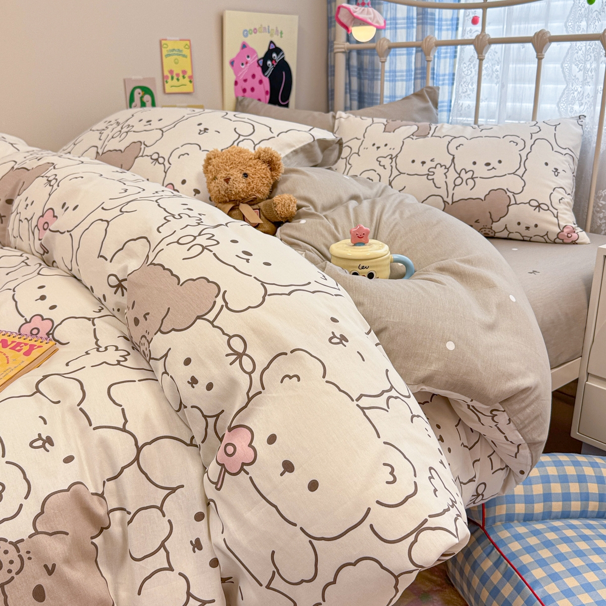 91家纺网 家纺一手货源 找家纺 呗旺鹿 2025新款40s全棉纯棉卡通印花学生系列四件套 耶耶熊