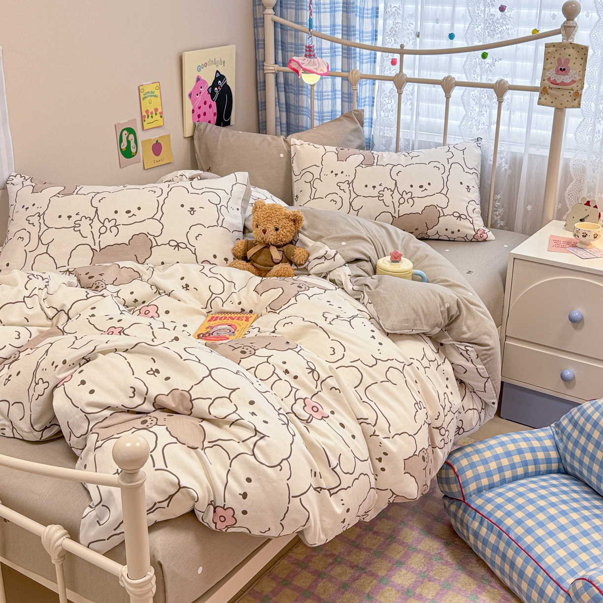 91家纺网 家纺一手货源 找家纺 呗旺鹿 2025新款40s全棉纯棉卡通印花学生系列四件套 耶耶熊