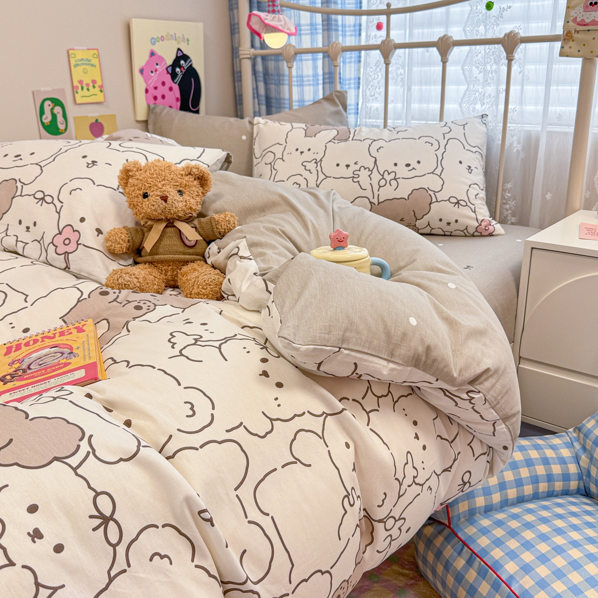 91家纺网 家纺一手货源 找家纺 呗旺鹿 2025新款40s全棉纯棉卡通印花学生系列四件套 耶耶熊