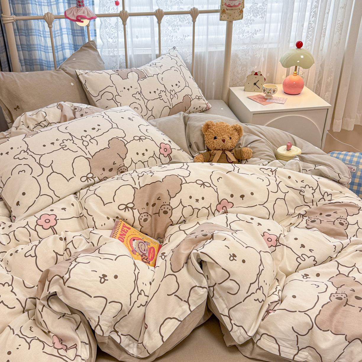 91家纺网 家纺一手货源 找家纺 呗旺鹿 2025新款40s全棉纯棉卡通印花学生系列四件套 耶耶熊