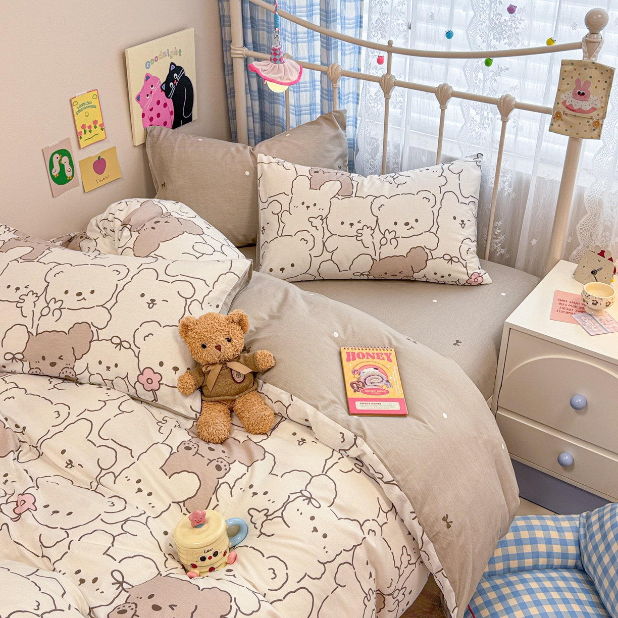 91家纺网 家纺一手货源 找家纺 呗旺鹿 2025新款40s全棉纯棉卡通印花学生系列四件套 耶耶熊