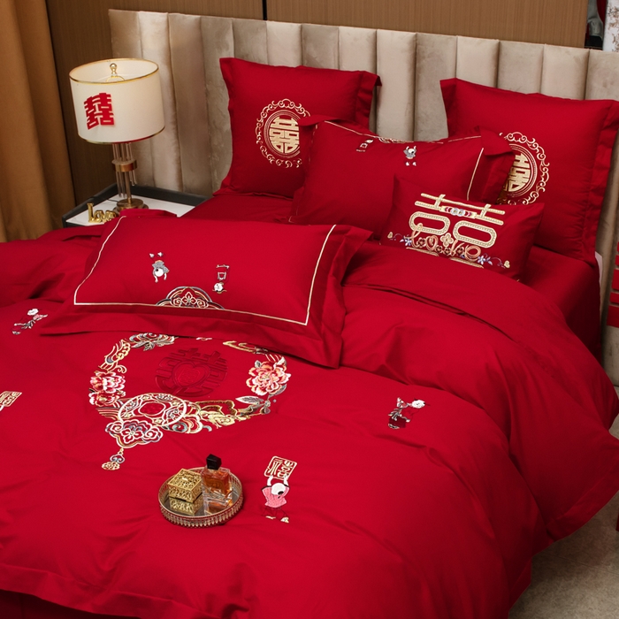 91家纺网 家纺一手货源 找家纺 千禧家纺2025新款13372全棉绣花婚庆四件套 百福绵延