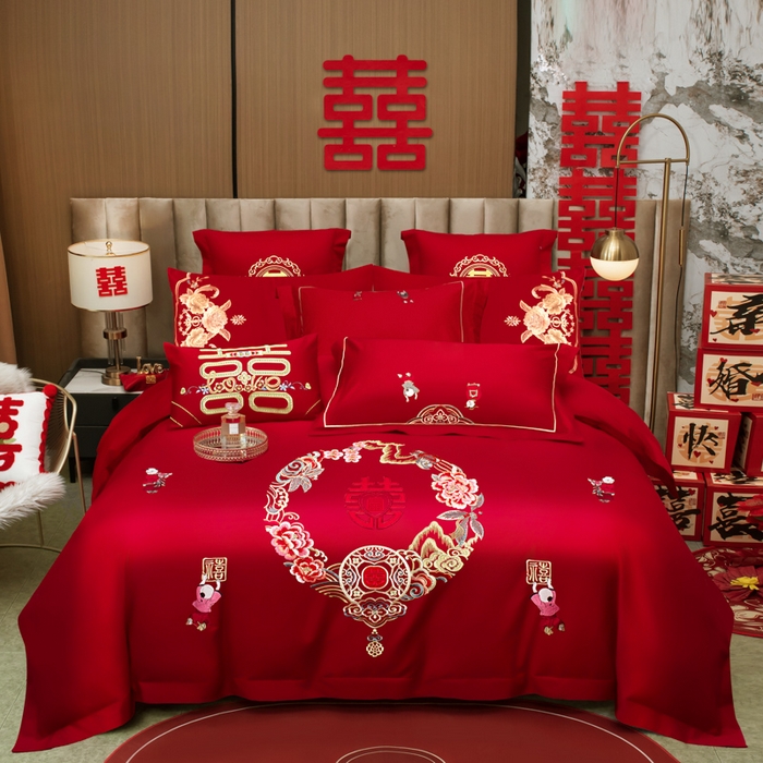 千禧家纺2025新款13372全棉绣花婚庆四件套 百福绵延