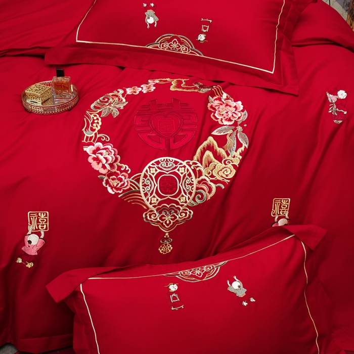 91家纺网 家纺一手货源 找家纺 千禧家纺2025新款13372全棉绣花婚庆四件套 百福绵延