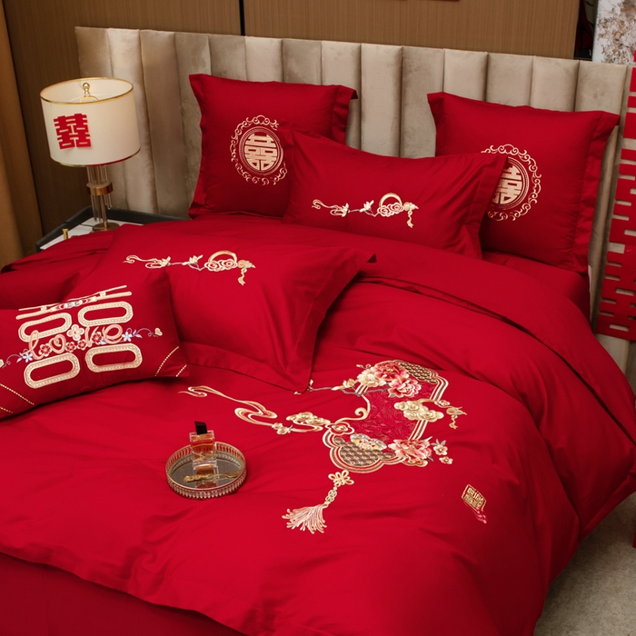 91家纺网 家纺一手货源 找家纺 千禧家纺2025新款13372全棉绣花婚庆四件套 东方喜嫁