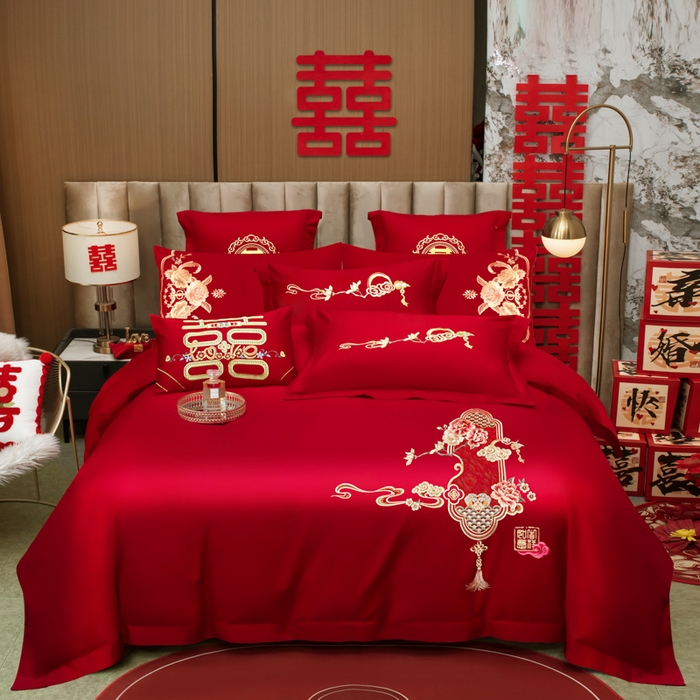 91家纺网 家纺一手货源 找家纺 千禧家纺2025新款13372全棉绣花婚庆四件套 东方喜嫁