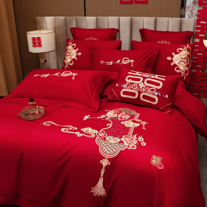 91家纺网 家纺一手货源 找家纺 千禧家纺2025新款13372全棉绣花婚庆四件套 东方喜嫁