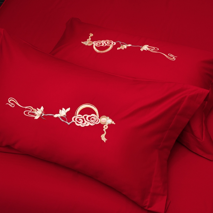 91家纺网 家纺一手货源 找家纺 千禧家纺2025新款13372全棉绣花婚庆四件套 东方喜嫁