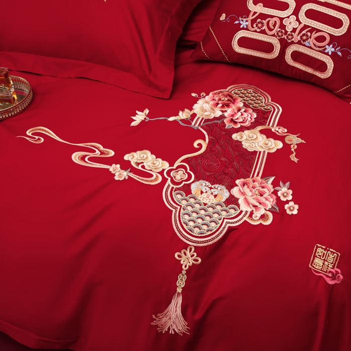 91家纺网 家纺一手货源 找家纺 千禧家纺2025新款13372全棉绣花婚庆四件套 东方喜嫁