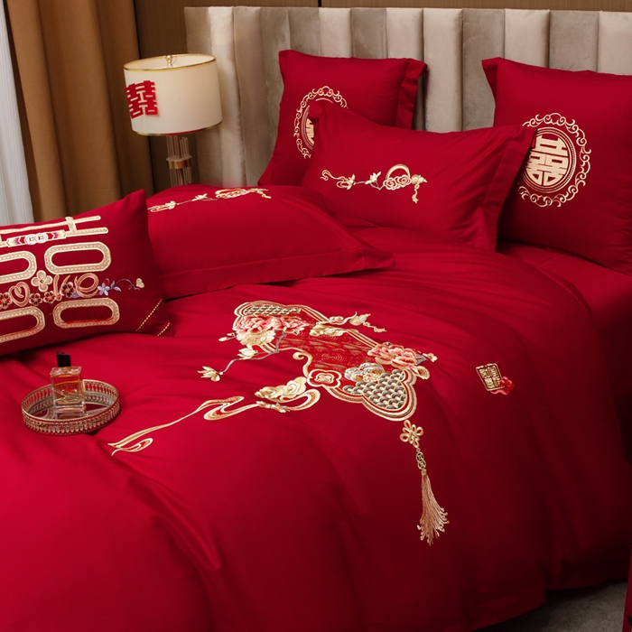 91家纺网 家纺一手货源 找家纺 千禧家纺2025新款13372全棉绣花婚庆四件套 东方喜嫁