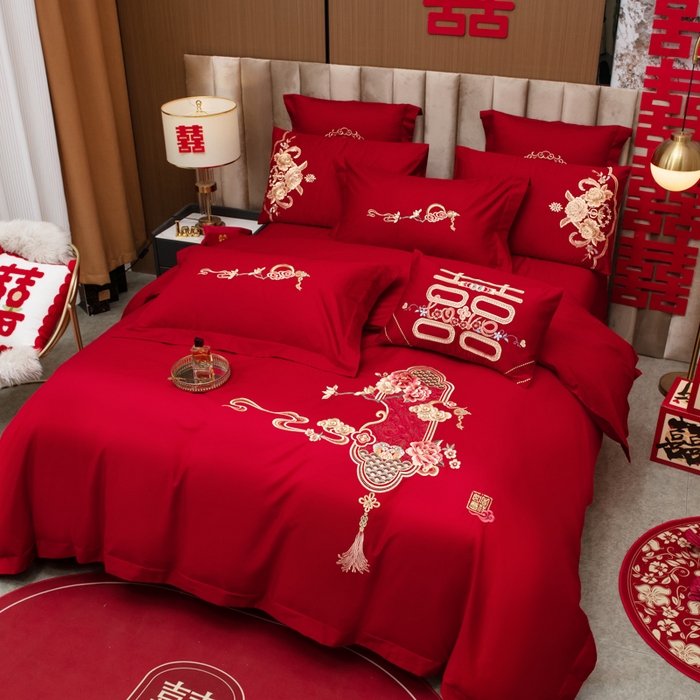 91家纺网 家纺一手货源 找家纺 千禧家纺2025新款13372全棉绣花婚庆四件套 东方喜嫁