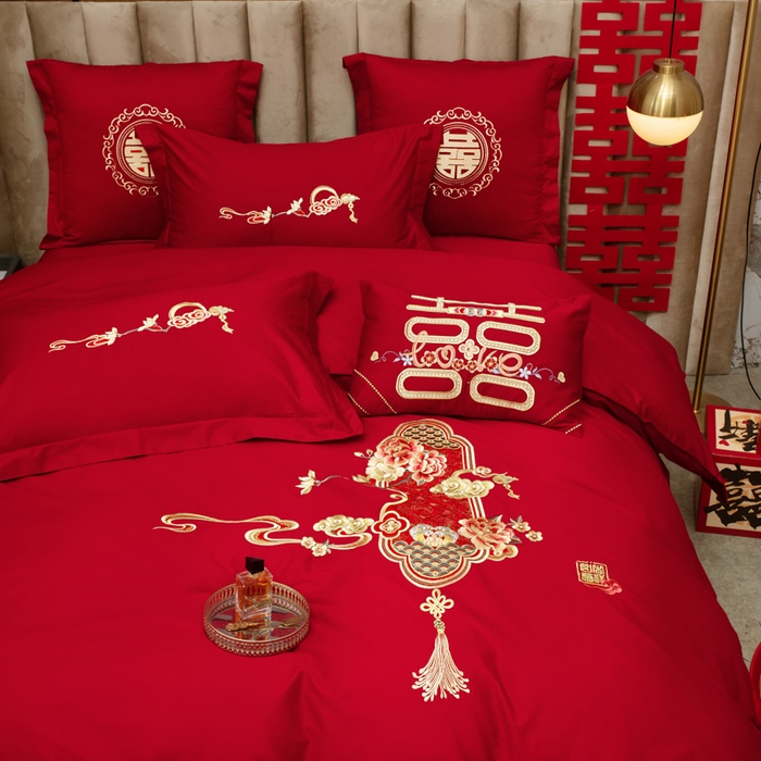 91家纺网 家纺一手货源 找家纺 千禧家纺2025新款13372全棉绣花婚庆四件套 东方喜嫁