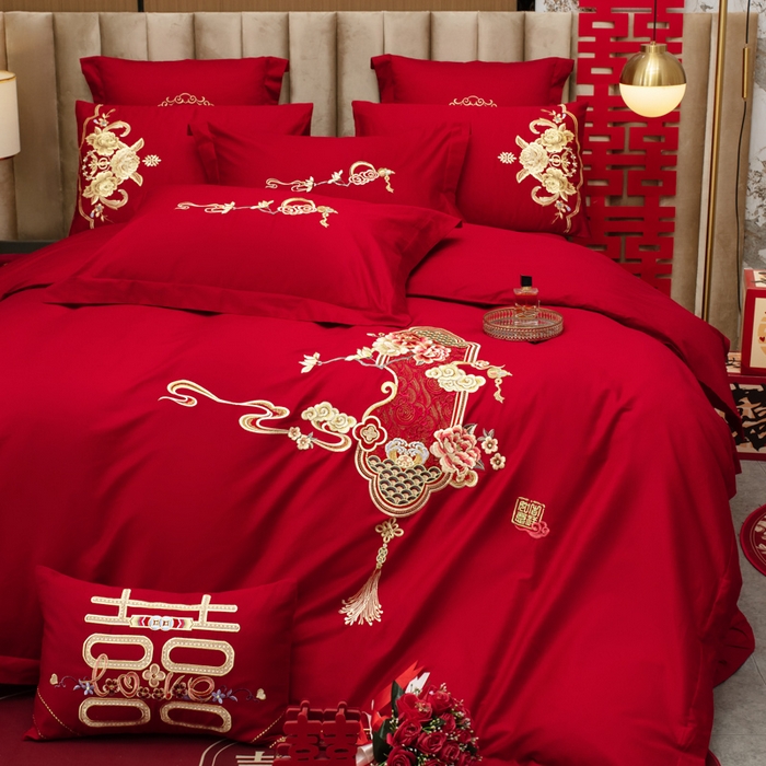 91家纺网 家纺一手货源 找家纺 千禧家纺2025新款13372全棉绣花婚庆四件套 东方喜嫁