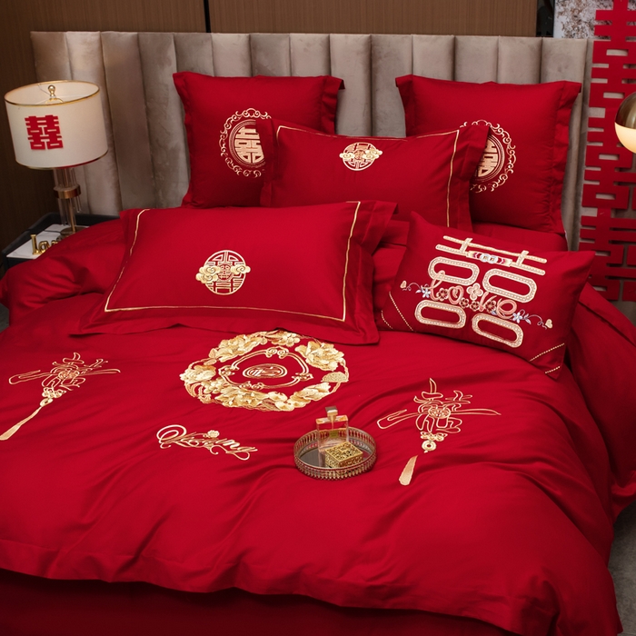 91家纺网 家纺一手货源 找家纺 千禧家纺2025新款13372全棉绣花婚庆四件套 福禧相传