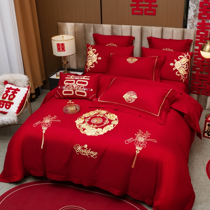 91家纺网 家纺一手货源 找家纺 千禧家纺2025新款13372全棉绣花婚庆四件套 福禧相传