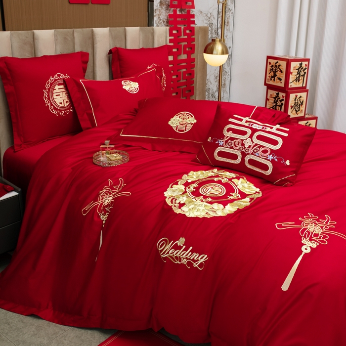 91家纺网 家纺一手货源 找家纺 千禧家纺2025新款13372全棉绣花婚庆四件套 福禧相传