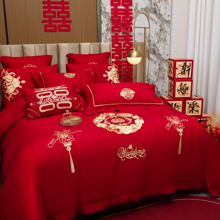 91家纺网 家纺一手货源 找家纺 千禧家纺2025新款13372全棉绣花婚庆四件套 福禧相传