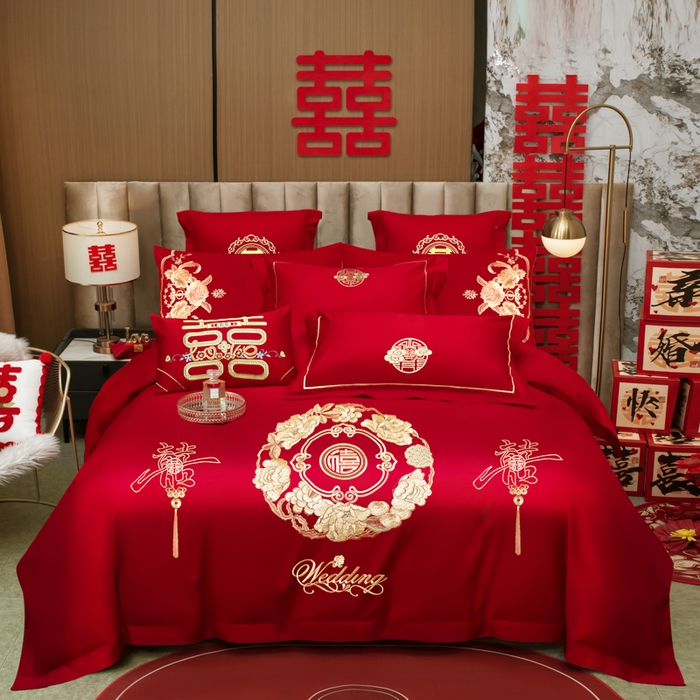千禧家纺2025新款13372全棉绣花婚庆四件套 福禧相传