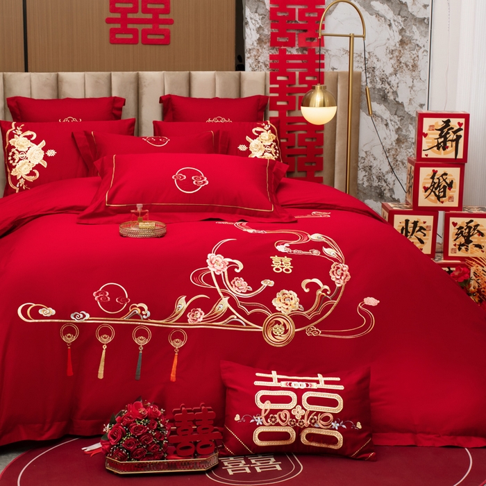 91家纺网 家纺一手货源 找家纺 千禧家纺2025新款13372全棉绣花婚庆四件套 花满盈阁