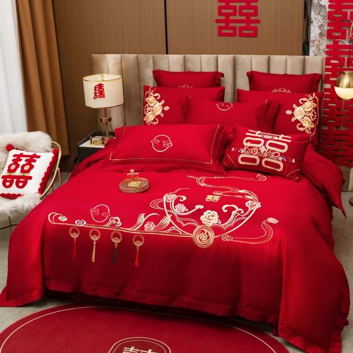 91家纺网 家纺一手货源 找家纺 千禧家纺2025新款13372全棉绣花婚庆四件套 花满盈阁