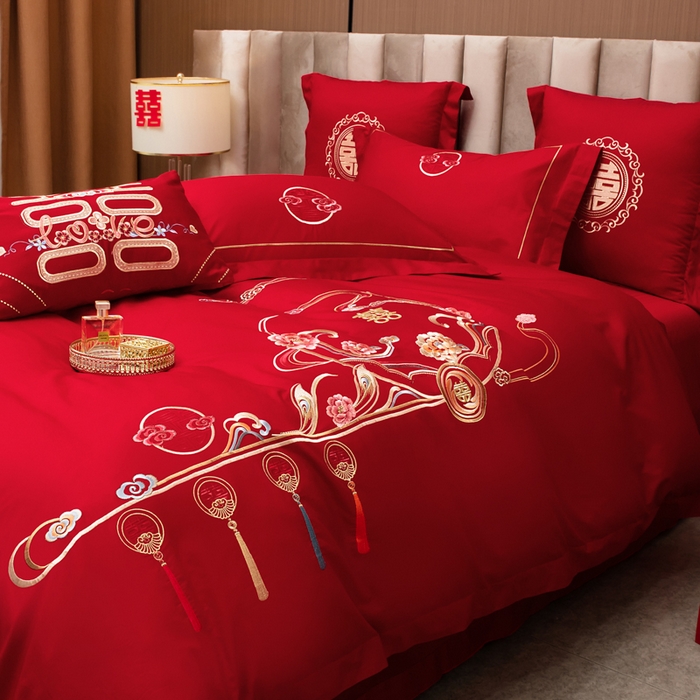 91家纺网 家纺一手货源 找家纺 千禧家纺2025新款13372全棉绣花婚庆四件套 花满盈阁