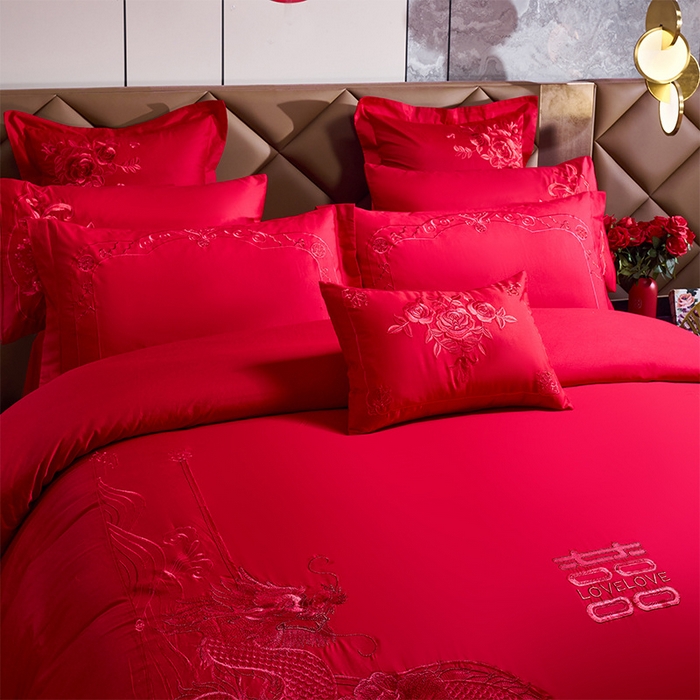 91家纺网 家纺一手货源 找家纺 千禧家纺2025新款13372全棉绣花婚庆四件套 龙凤蜜语（本色）