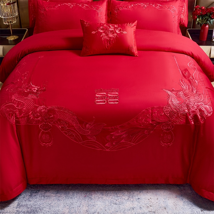 91家纺网 家纺一手货源 找家纺 千禧家纺2025新款13372全棉绣花婚庆四件套 龙凤蜜语（本色）