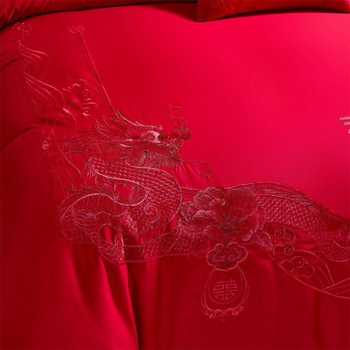 91家纺网 家纺一手货源 找家纺 千禧家纺2025新款13372全棉绣花婚庆四件套 龙凤蜜语（本色）